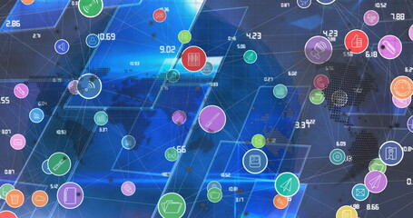 Poster - image of network of connections with icons over globe