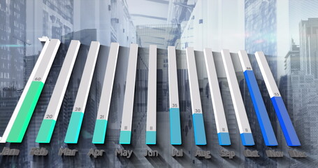 Poster - image of statistical data processing over tall buildings in background