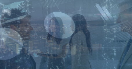 Poster - Image of data processing over diverse business people talking