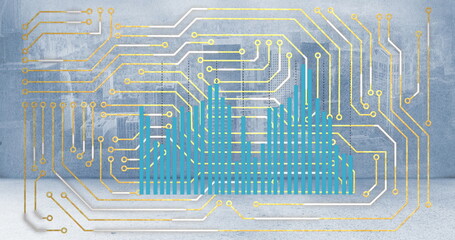 Leinwandbilder - Image of computer circuit board over cityscape