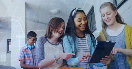 Poster - Image of financial graph over happy diverse girls using tablet at school