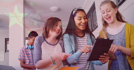 Poster - Image of flag of china over happy diverse girls using tablet at school