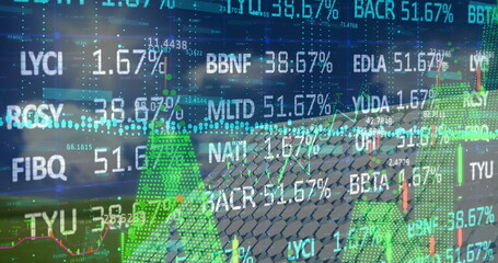 Poster - Image of financial data and graphs over solar panels