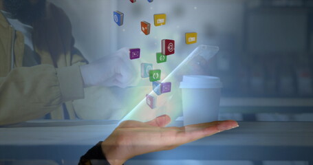 Poster - Image of falling social media icons over women using tablet