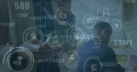 Poster - Image of financial falling icons over person using smartphone
