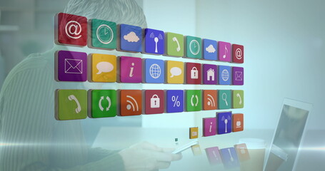 Poster - Image of colourful icons over caucasian woman using laptop