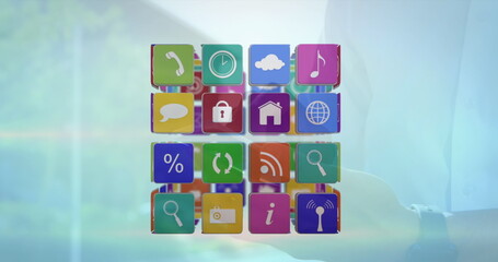 Poster - Image of cube with icons over person using smartphone