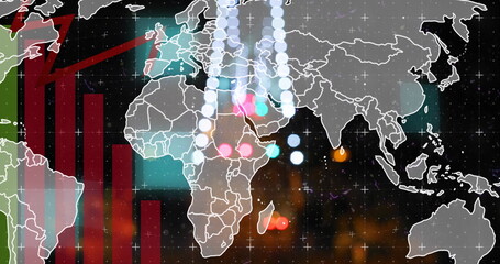 Aufkleber - image of graphs and spots of light over world map against night city traffic