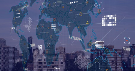 Poster - Image of numbers, icons and world map over cityscape