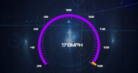 Poster - Image of speedometer over lights and connections over navy globe
