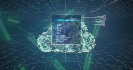 Poster - Image of neon shapes and screens with diverse data and digital cloud in navy space