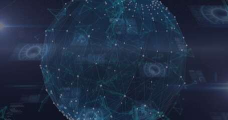 Poster - image of globe of network of connections against data processing and round scanners