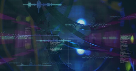 Leinwandbilder - Image of lights, shapes and data processing in navy digital space