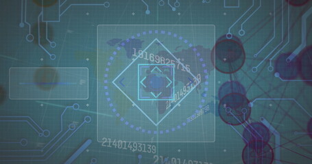 Poster - Image of changing numbers and microprocessor connections over world map against blue background