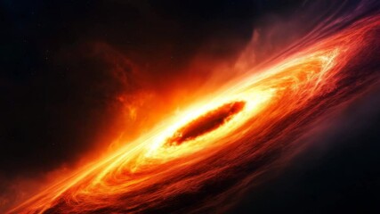 Wall Mural - Fiery glowing bright orange and yellow swirling gas and dust in cosmic space, intense energy around black hole, creating dramatic swirling galaxy with fiery glowing edges