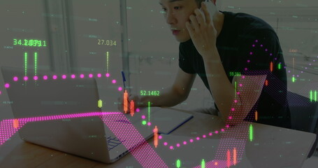 Poster - Image of financial data processing over businessmen using smartphone