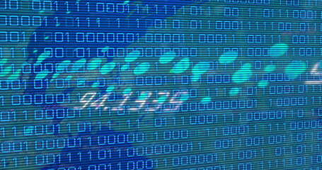 Poster - image of data processing and binary coding over world map on blue background