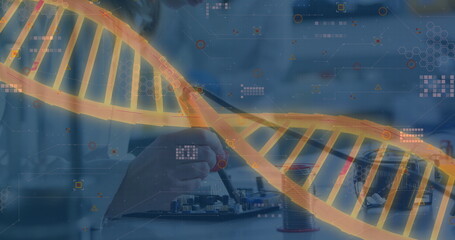 Poster - Image of spinning dna strand an data processing over female caucasian scientist in laboratory