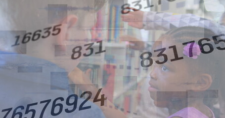 Poster - Image of data processing over diverse schoolchildren in library