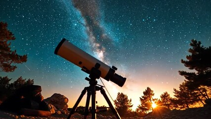 Wall Mural - a telescope stands silhouetted against a vibrant night sky filled with stars and the milky way. the 