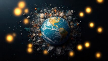 Wall Mural - Earth surrounded by glowing orange rocks and floating debris in space, creating dramatic cosmic scene with vibrant blue light and intense planetary atmosphere