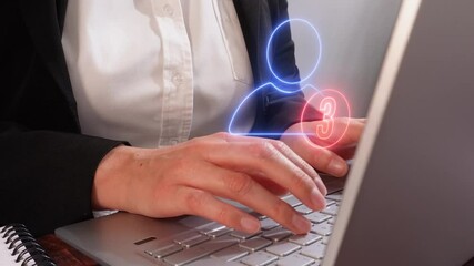 Poster - Woman working on a laptop with a virtual person avatar icon with a notification. Friend request