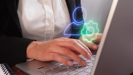 Poster - Woman working on a laptop with a virtual person avatar icon with a gear