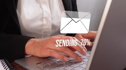 Poster - Woman working on a computer with an email sign and a percentage progress indicator