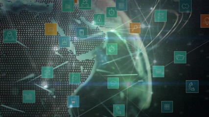 Poster - On start, dotted 3D globe rotating with floating icons and pulsing lines visualizing data flow