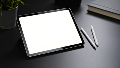 Tablet with blank screen on black matte surface