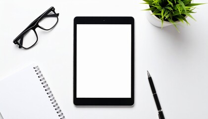 Top view of digital tablet with empty screen on white background
