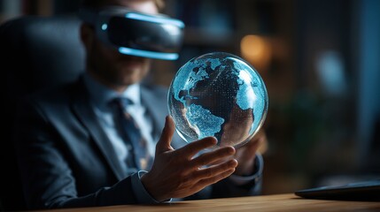 Poster - Businessman in Dark Office Using Holographic Technology in Virtual Reality