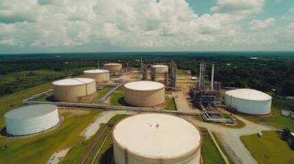 Poster - Aerial view of oil and gas refinery complex with storage tanks, pipelines, and tall distillation towers under cloudy sky