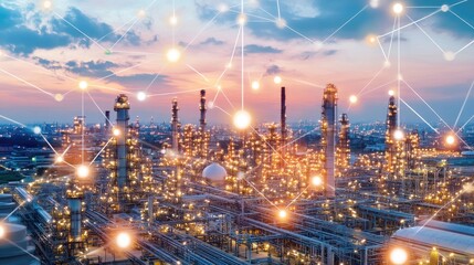 Poster - Crude oil being refined through distillation towers, releasing light smoke against sunset sky