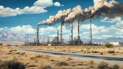 Poster - Dusty desert landscape surrounding a remote petrochemical refinery with tall exhaust columns