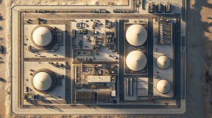 Poster - Elevated view of a refinery's central control zone surrounded by safety barriers and monitoring gear