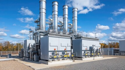 Poster - Heat exchangers and tall stacks dominating the skyline of a modern petrochemical facility