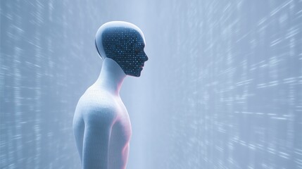Poster - Futuristic humanoid figure with a digital face, surrounded by flowing data streams, representing the intersection of technology and human-like forms in a modern digital landscape