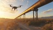 © Sampao - Inspection drone flying near suspended pipeline structure supported by tall beams