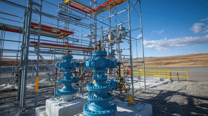 Poster - Natural gas wellhead installation with colored safety markings and maintenance scaffolding