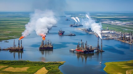 Poster - Oil rig production zone with large exhaust vents and crude oil processing infrastructure