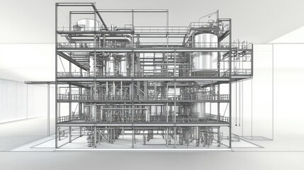 Poster - Petrochemical distillation unit with layers of interconnected platforms, ladders, and pressure vessels
