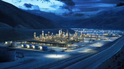 Poster - Remote refinery surrounded by security fencing and remote monitoring infrastructure