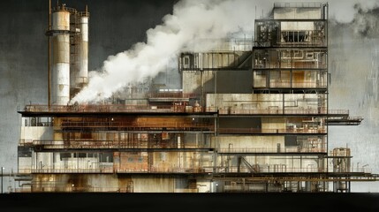 Poster - Section of refinery with high-temperature fuel cracking unit and visible steam emissions