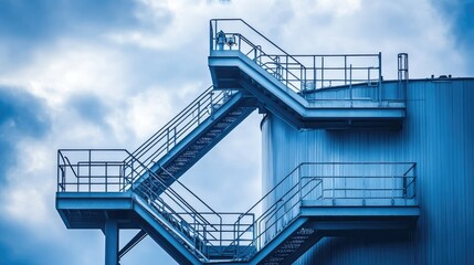 Poster - Steel stairs and platforms zigzagging across a chemical distillation tower structure
