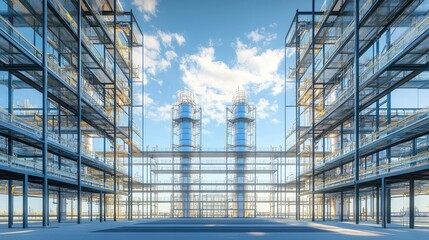 Poster - Symmetrical layout of distillation towers framed by metallic catwalks and vertical risers