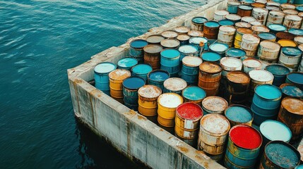 Poster - Variety of oil drums in containment area bordered by low concrete barriers for safety