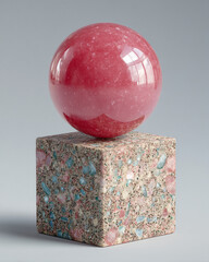 Poster - A glossy pink sphere resting atop a speckled cube against a neutral gray background creating contrast