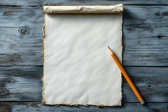 Blank paper and pencil on rustic wooden surface, vintage writing concept, creativity and inspiration, old-fashioned stationery, minimalist design, empty space for text, artistic background