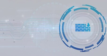 Poster - Upon turquoise lines sliding in, HUD with blue firewall icon spinning, pulsing, protecting network